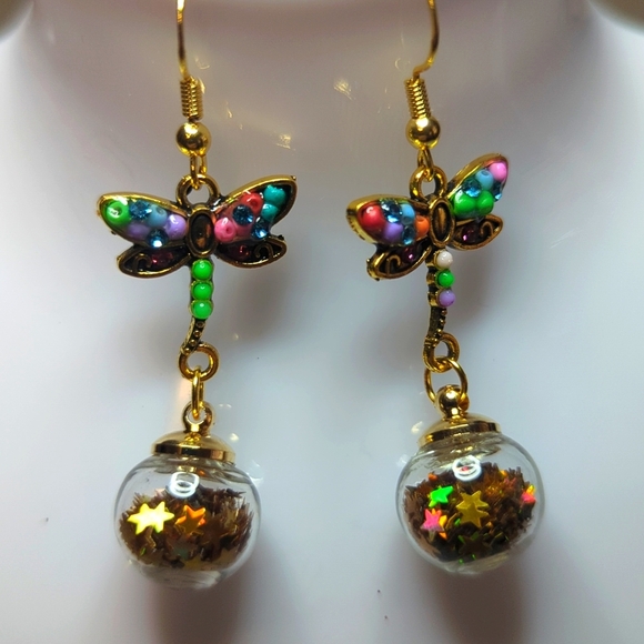 New Handmade Gold Beaded Dragonfly Earrings with Gold Glitter Balls - Picture 2 of 2